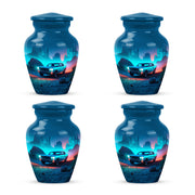 Cobalt Blue Car Cremation Urn side profile showing urn shape - traditional car engraving with hand-polished finish - 10 inch aluminum urn for cremated remains