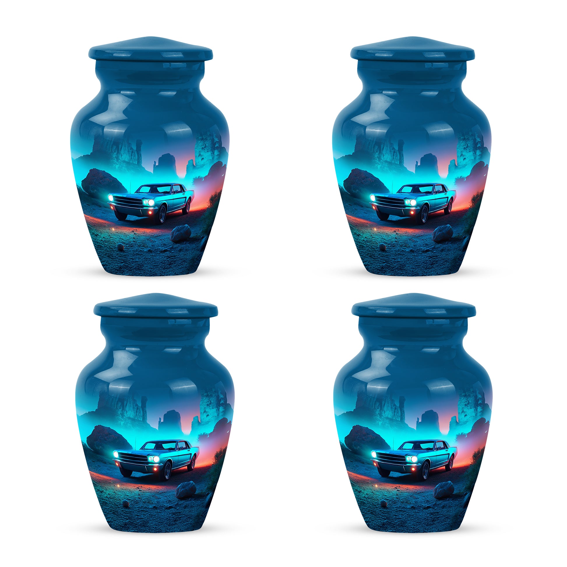 Cobalt Blue Car Cremation Urn side profile showing urn shape - traditional car engraving with hand-polished finish - 10 inch aluminum urn for cremated remains
