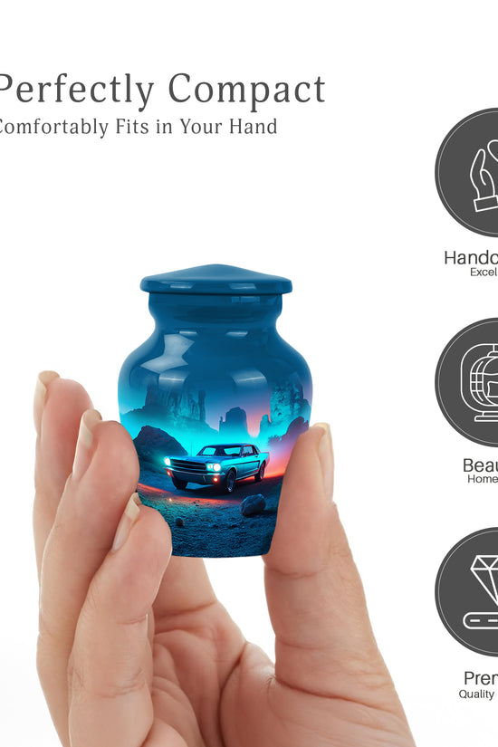 Powder Blue Car Cremation Urn close-up of engraving and surface detail - timeless car motif etched into premium metal - mini keepsake memorial for portion of cremation ashes