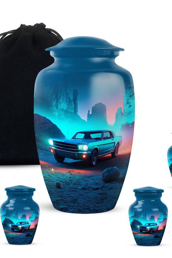 Soft Blue Car Cremation Urn top-down view of secure threaded lid - elegant classic car relief with fine detailing - memorial set with one large and four small urns