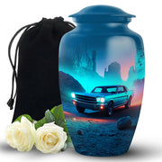 Calming Blue Car Cremation Urn angled view of lid and engraved motif - elegant classic car relief with fine detailing - full-size 10 inch 200 cubic inch adult cremation urn