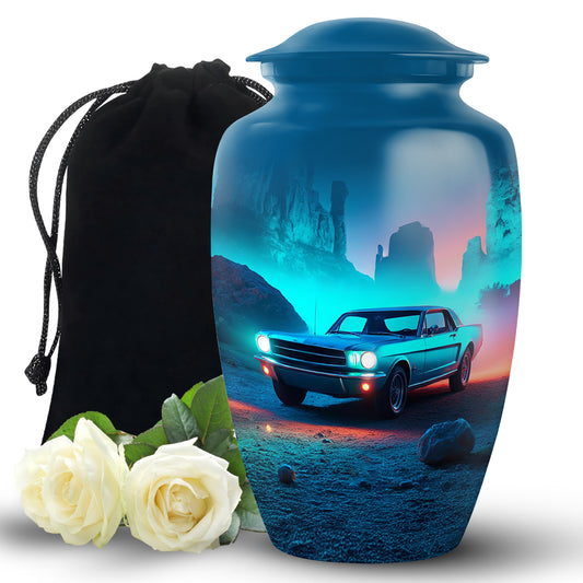 Calming Blue Car Cremation Urn angled view of lid and engraved motif - elegant classic car relief with fine detailing - full-size 10 inch 200 cubic inch adult cremation urn