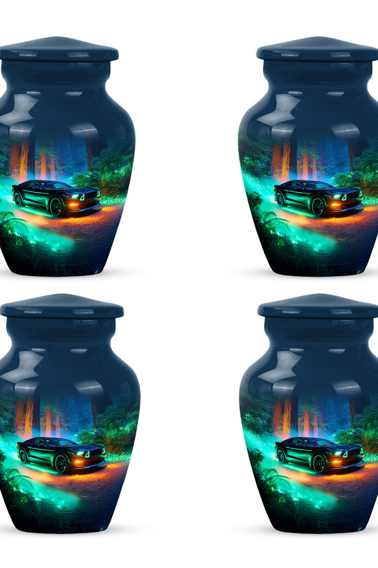 Bright Blue Car Cremation Urn side profile showing urn shape - traditional car engraving with hand-polished finish - 10 inch aluminum urn for cremated remains