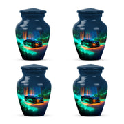 Bright Blue Car Cremation Urn side profile showing urn shape - traditional car engraving with hand-polished finish - 10 inch aluminum urn for cremated remains