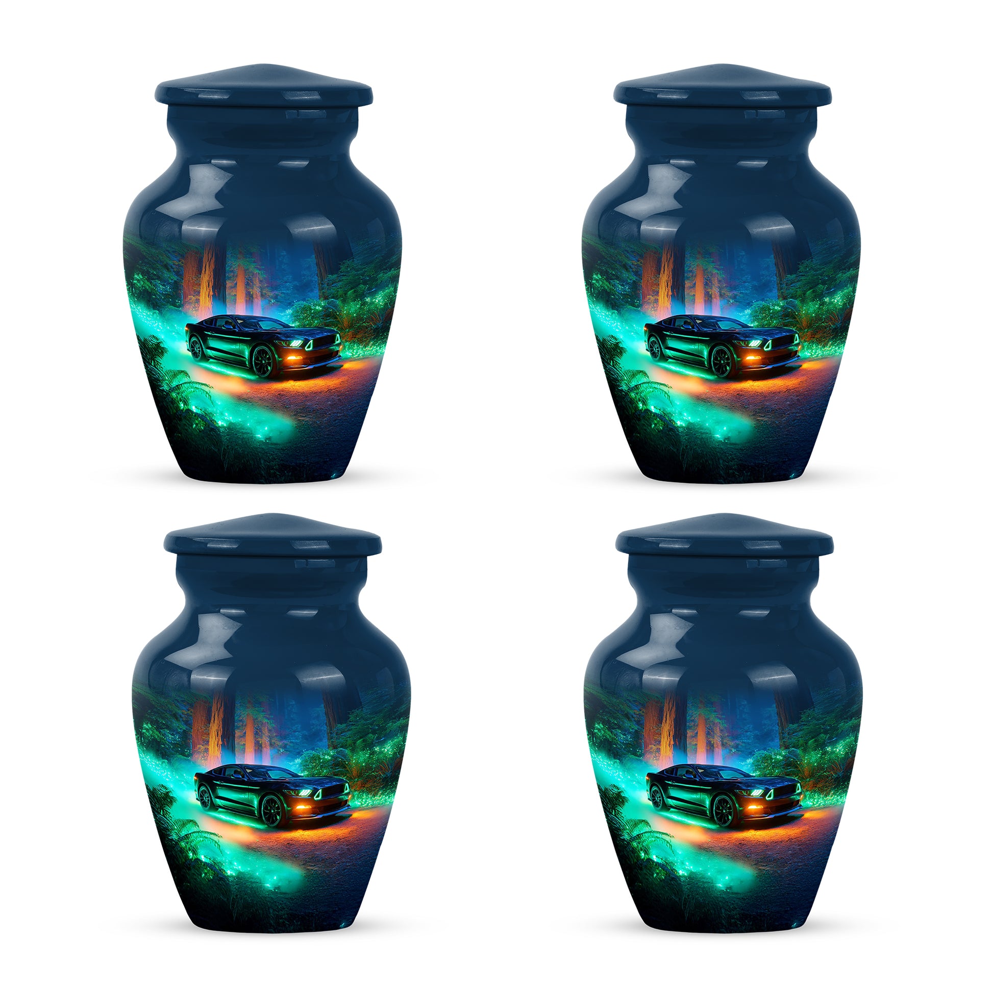 Bright Blue Car Cremation Urn side profile showing urn shape - traditional car engraving with hand-polished finish - 10 inch aluminum urn for cremated remains