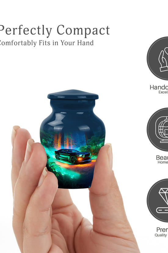 Cobalt Blue Car Cremation Urn close-up of engraving and surface detail - elegant classic car relief with fine detailing - mini keepsake memorial for portion of cremation ashes