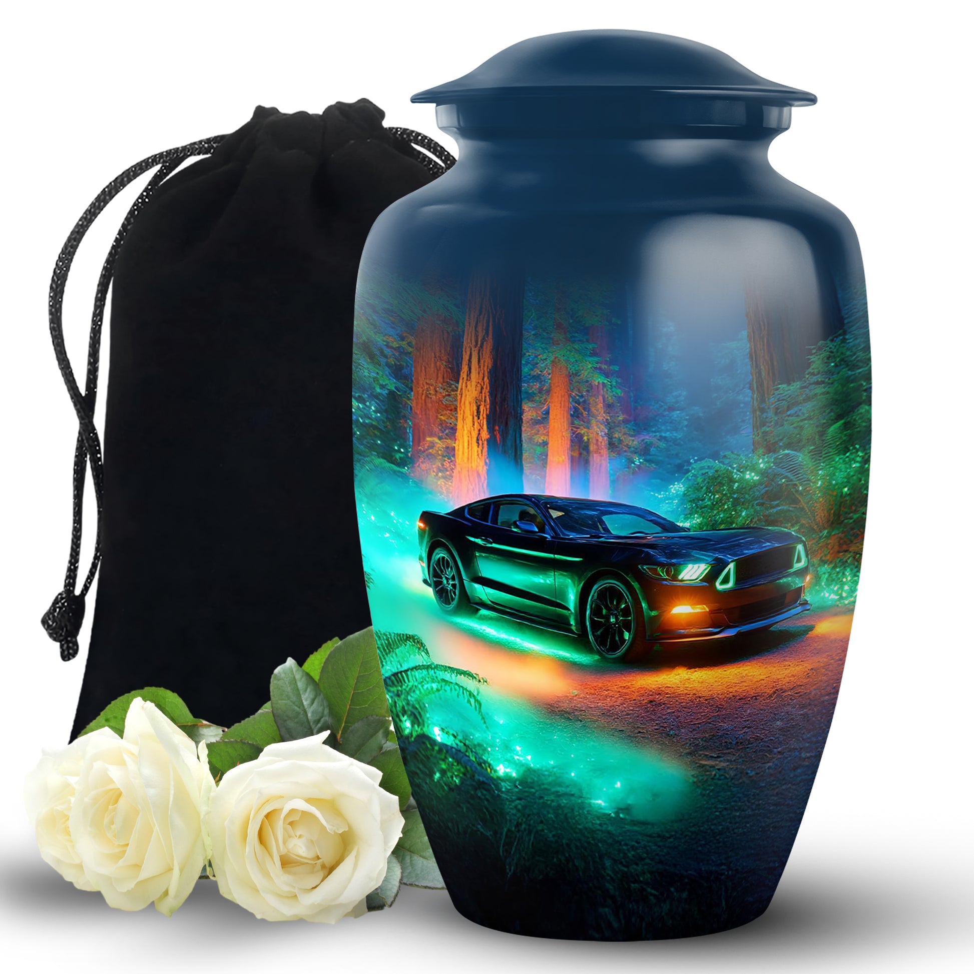 Black Car Urn For Funeral Ashes - Neon Green Forest Funeral Urn