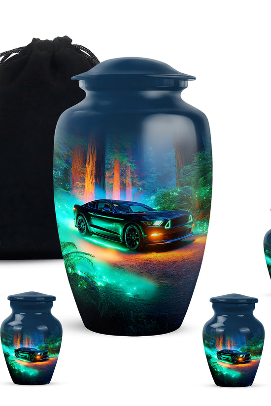 Misty Blue Car Cremation Urn top-down view of secure threaded lid - timeless car motif etched into premium metal - memorial set with one large and four small urns