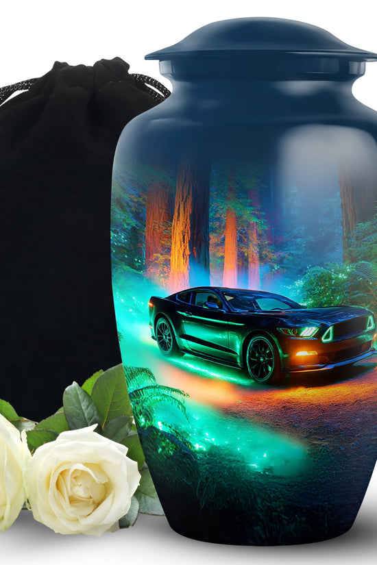 Dusty Blue Car Cremation Urn angled view of lid and engraved motif - classic sculpted car pattern on smooth aluminum - full-size 10 inch 200 cubic inch adult cremation urn