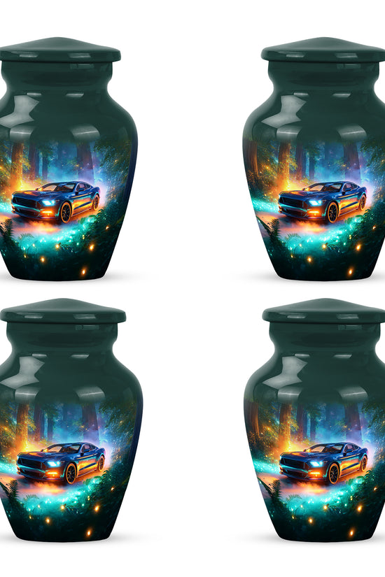 Aqua Teal Car Cremation Urn side profile showing urn shape - traditional car engraving with hand-polished finish - 10 inch aluminum urn for cremated remains
