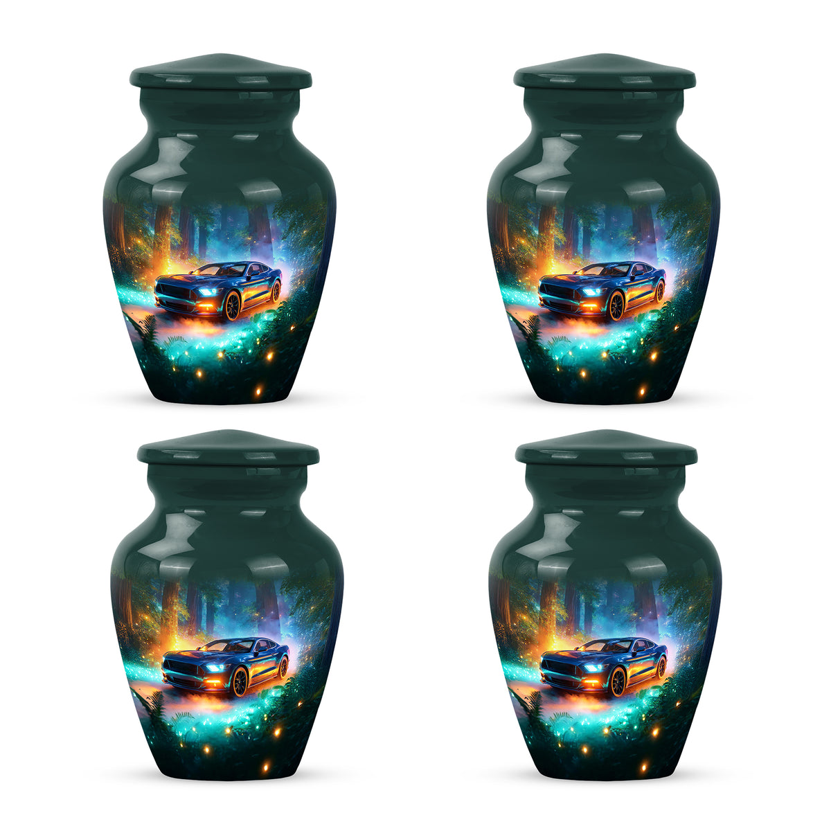 Aqua Teal Car Cremation Urn side profile showing urn shape - traditional car engraving with hand-polished finish - 10 inch aluminum urn for cremated remains