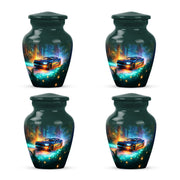 Aqua Teal Car Cremation Urn side profile showing urn shape - traditional car engraving with hand-polished finish - 10 inch aluminum urn for cremated remains