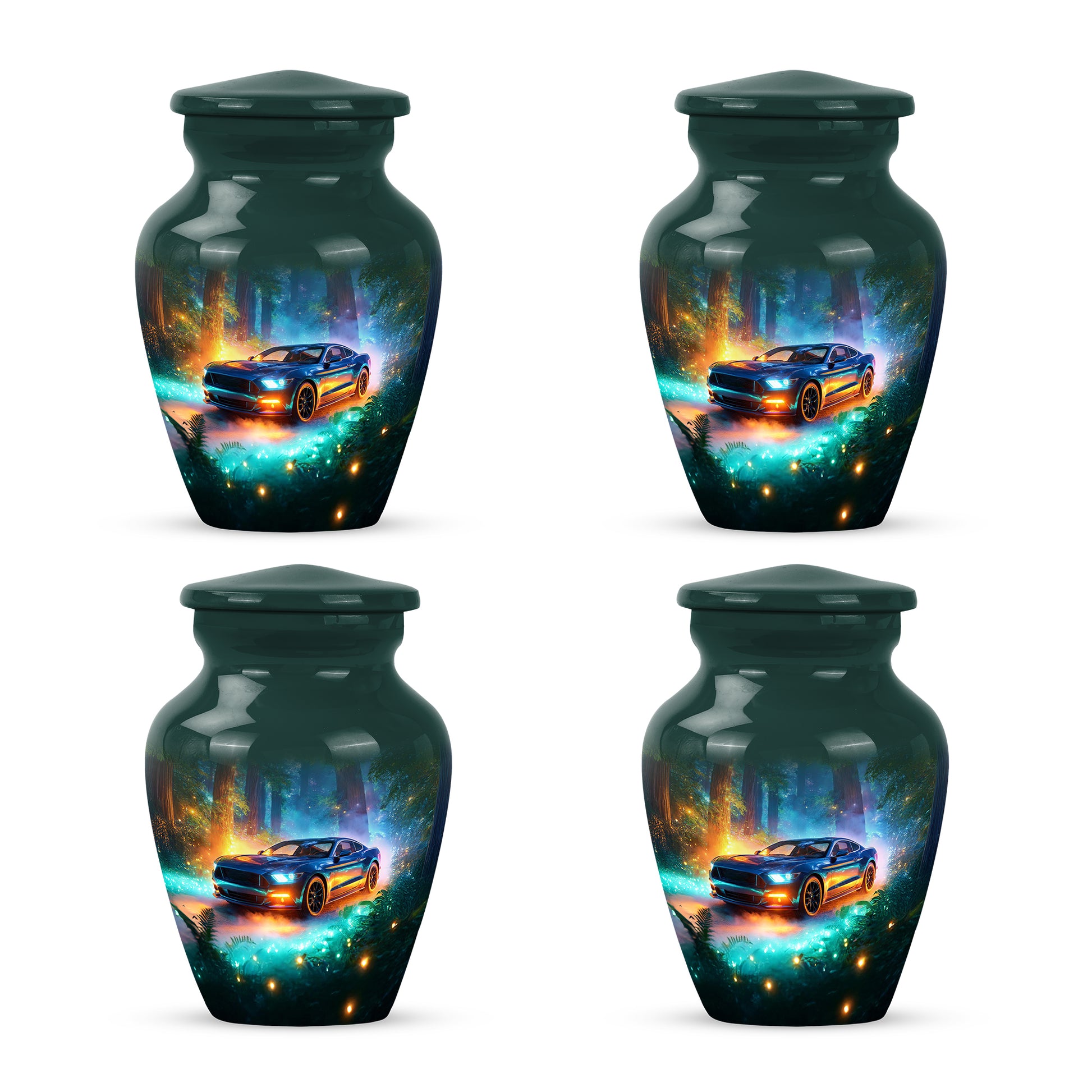 Aqua Teal Car Cremation Urn side profile showing urn shape - traditional car engraving with hand-polished finish - 10 inch aluminum urn for cremated remains