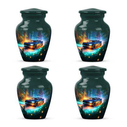 Aqua Teal Car Cremation Urn side profile showing urn shape - traditional car engraving with hand-polished finish - 10 inch aluminum urn for cremated remains