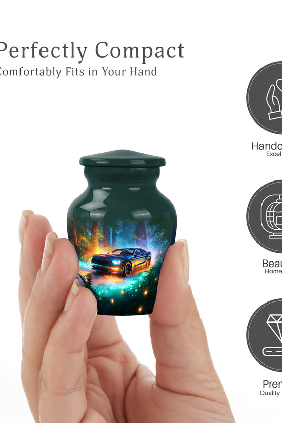Deep Teal Car Cremation Urn close-up of engraving and surface detail - traditional car engraving with hand-polished finish - mini keepsake memorial for portion of cremation ashes