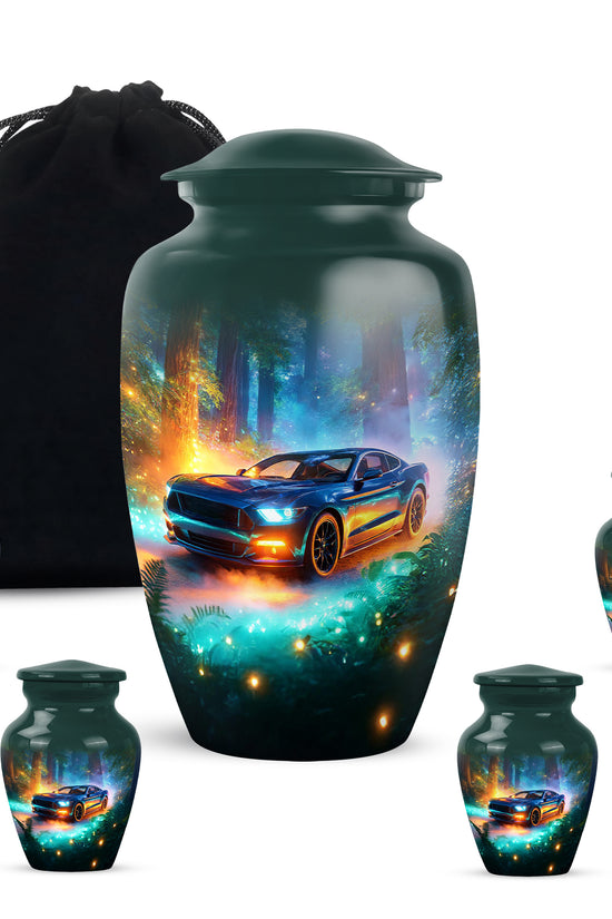 Mystic Teal Car Cremation Urn top-down view of secure threaded lid - elegant classic car relief with fine detailing - memorial set with one large and four small urns