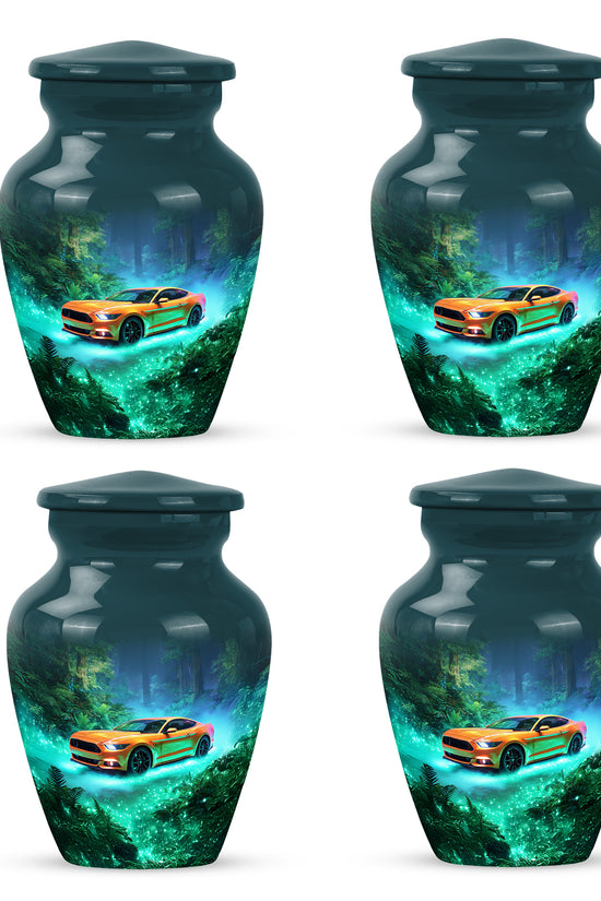 Deep Teal Car Cremation Urn side profile showing urn shape - traditional car engraving with hand-polished finish - 10 inch aluminum urn for cremated remains