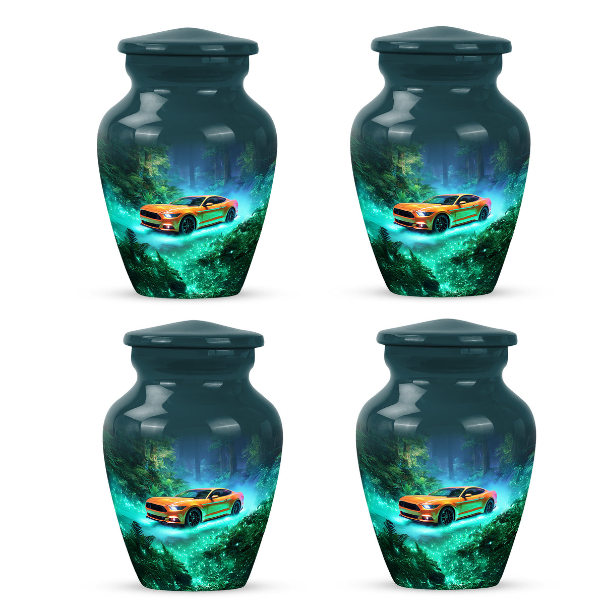Deep Teal Car Cremation Urn side profile showing urn shape - traditional car engraving with hand-polished finish - 10 inch aluminum urn for cremated remains