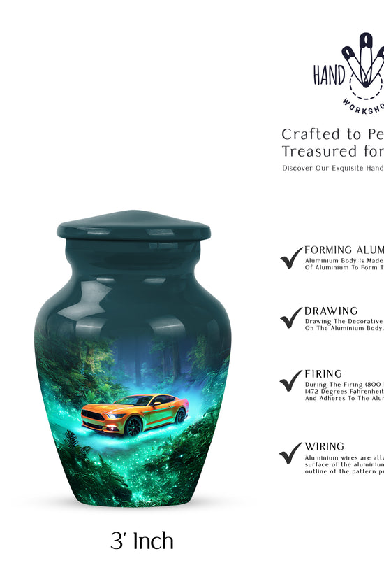 Ocean Teal Car Cremation Urn close-up of engraving and surface detail - classic sculpted car pattern on smooth aluminum - mini keepsake memorial for portion of cremation ashes