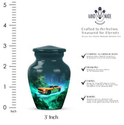 Ocean Teal Car Cremation Urn close-up of engraving and surface detail - classic sculpted car pattern on smooth aluminum - mini keepsake memorial for portion of cremation ashes