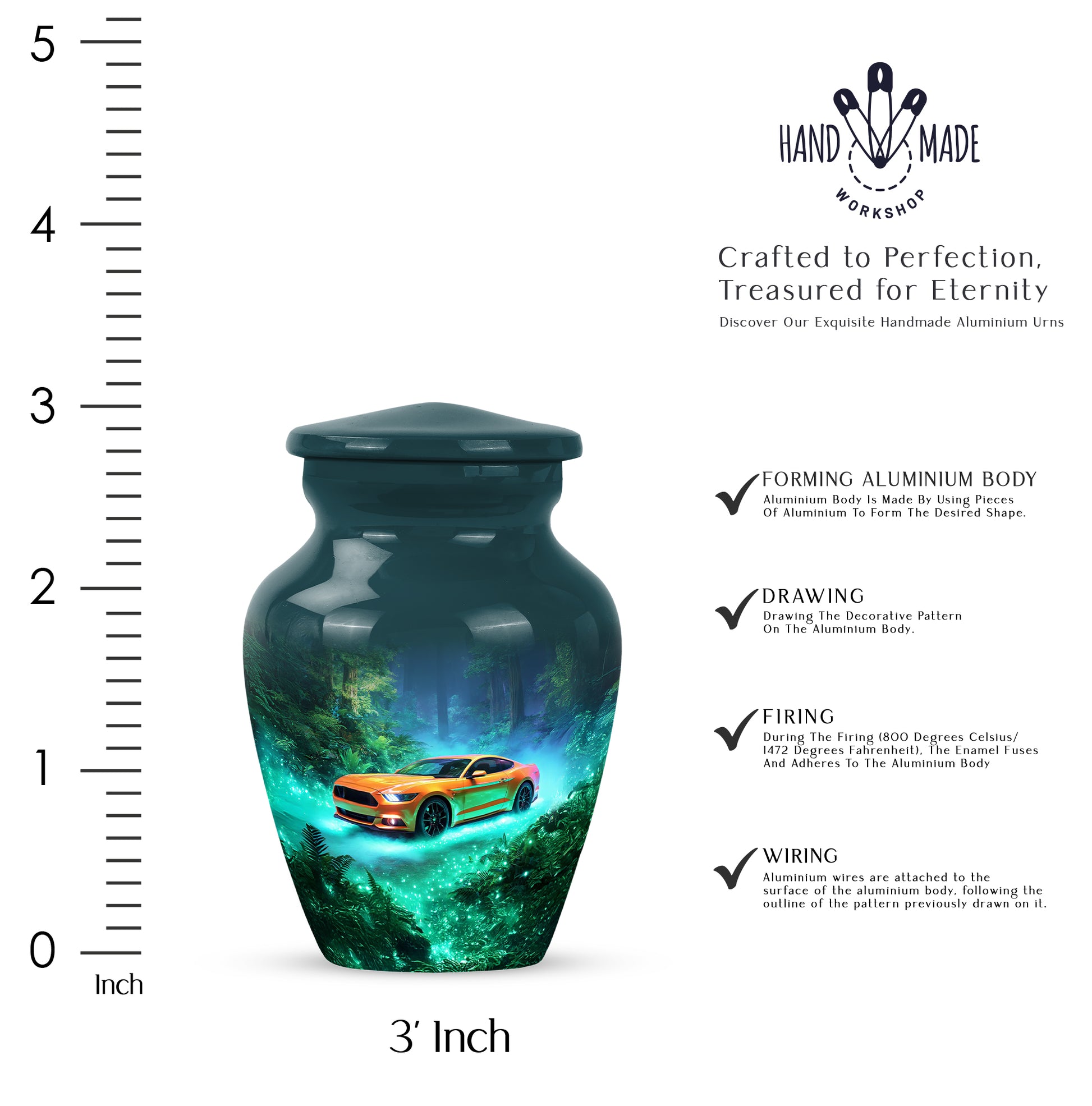 Ocean Teal Car Cremation Urn close-up of engraving and surface detail - classic sculpted car pattern on smooth aluminum - mini keepsake memorial for portion of cremation ashes