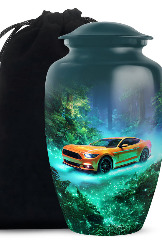 Aqua Teal Car Cremation Urn angled view of lid and engraved motif - traditional car engraving with hand-polished finish - full-size 10 inch 200 cubic inch adult cremation urn