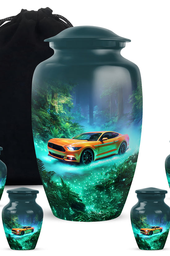 Soft Teal Car Cremation Urn top-down view of secure threaded lid - classic sculpted car pattern on smooth aluminum - memorial set with one large and four small urns