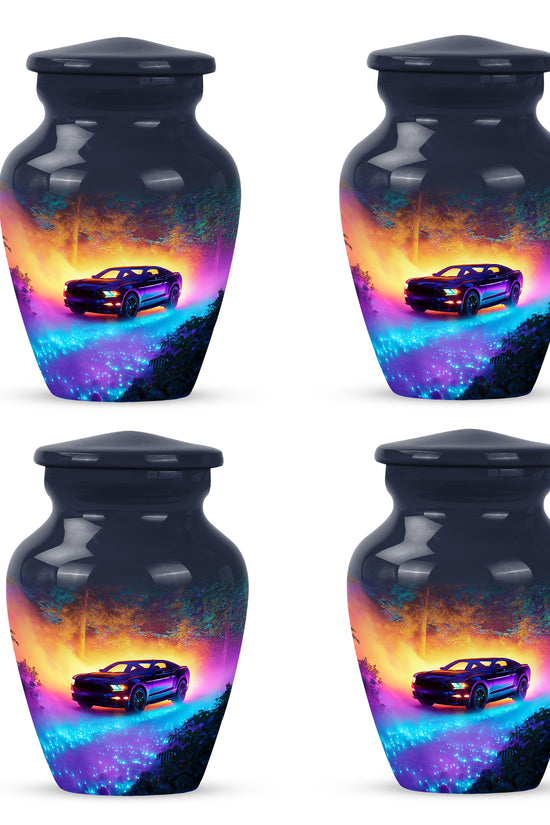 Vivid Blue Car Cremation Urn side profile showing urn shape - traditional car engraving with hand-polished finish - 10 inch aluminum urn for cremated remains
