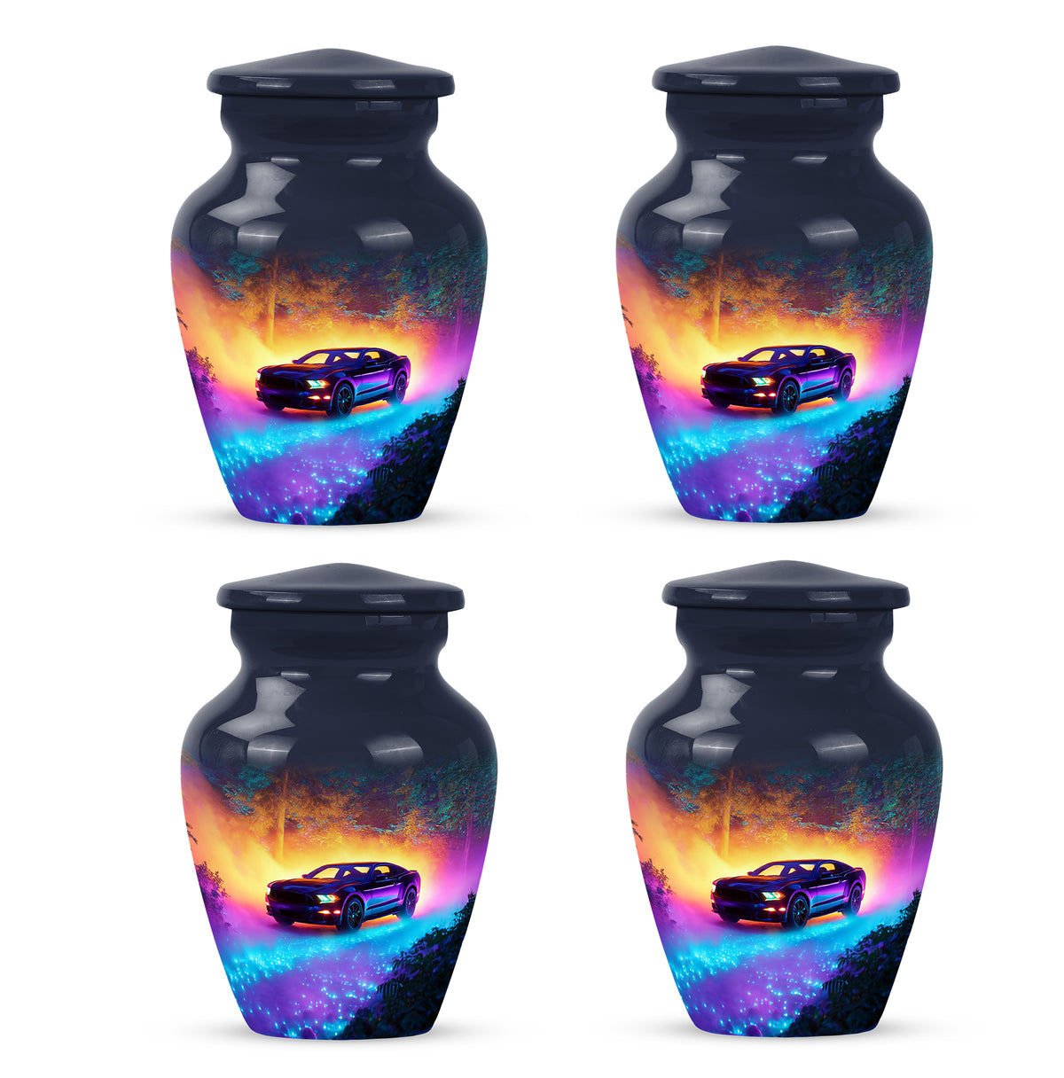 Vivid Blue Car Cremation Urn side profile showing urn shape - traditional car engraving with hand-polished finish - 10 inch aluminum urn for cremated remains