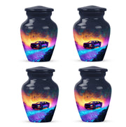 Vivid Blue Car Cremation Urn side profile showing urn shape - traditional car engraving with hand-polished finish - 10 inch aluminum urn for cremated remains