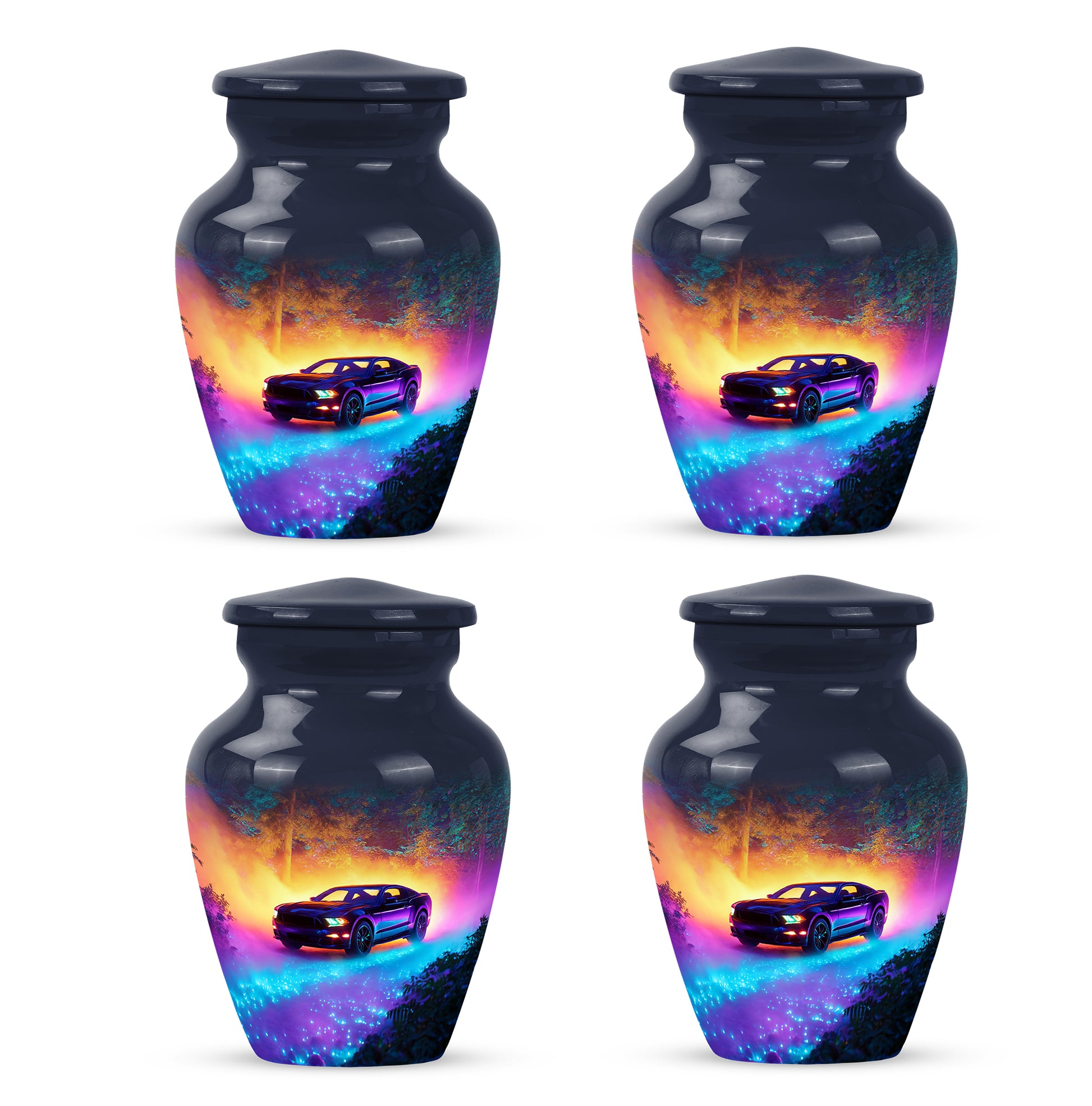 Vivid Blue Car Cremation Urn side profile showing urn shape - traditional car engraving with hand-polished finish - 10 inch aluminum urn for cremated remains