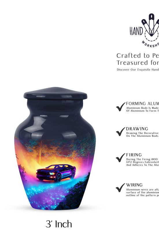Cobalt Blue Car Cremation Urn close-up of engraving and surface detail - traditional car engraving with hand-polished finish - mini keepsake memorial for portion of cremation ashes