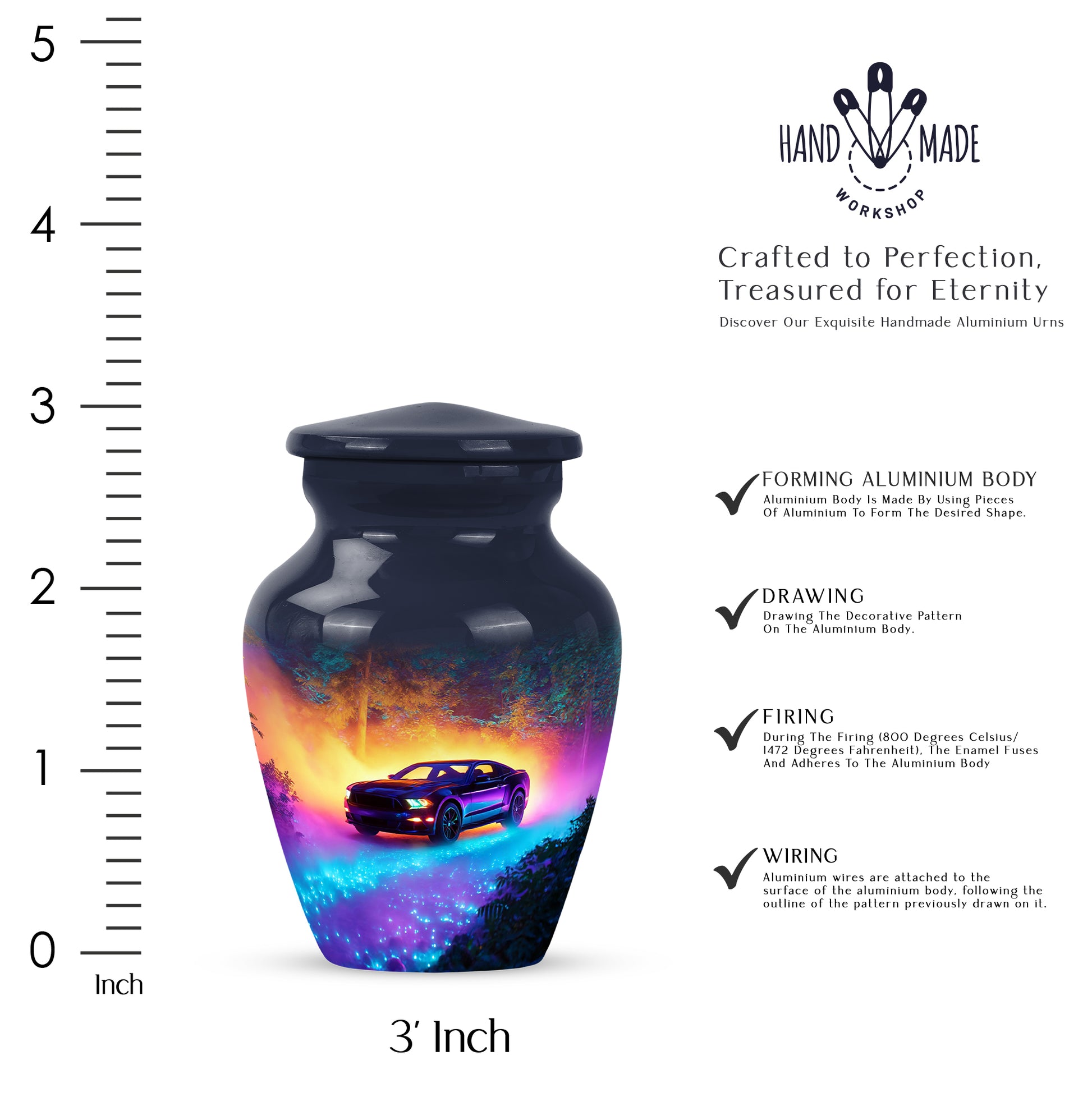 Cobalt Blue Car Cremation Urn close-up of engraving and surface detail - traditional car engraving with hand-polished finish - mini keepsake memorial for portion of cremation ashes
