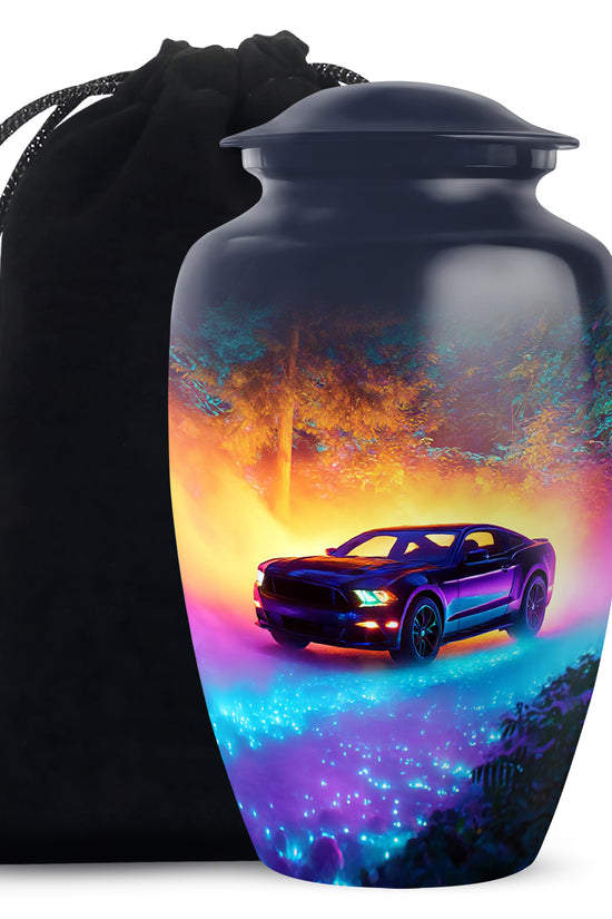 Calming Blue Car Cremation Urn angled view of lid and engraved motif - elegant classic car relief with fine detailing - full-size 10 inch 200 cubic inch adult cremation urn