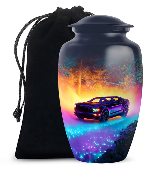 Calming Blue Car Cremation Urn angled view of lid and engraved motif - elegant classic car relief with fine detailing - full-size 10 inch 200 cubic inch adult cremation urn