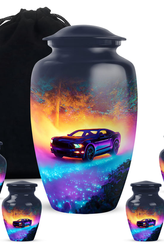 Misty Blue Car Cremation Urn top-down view of secure threaded lid - classic sculpted car pattern on smooth aluminum - memorial set with one large and four small urns