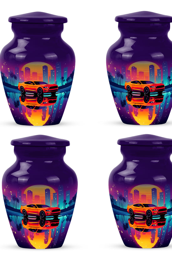 Deep Purple Car Cremation Urn side profile showing urn shape - classic sculpted car pattern on smooth aluminum - 10 inch aluminum urn for cremated remains