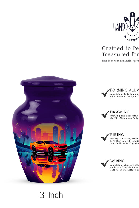 Royal Purple Car Cremation Urn close-up of engraving and surface detail - elegant classic car relief with fine detailing - mini keepsake memorial for portion of cremation ashes