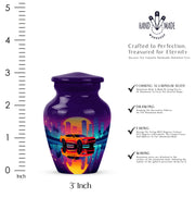 Royal Purple Car Cremation Urn close-up of engraving and surface detail - elegant classic car relief with fine detailing - mini keepsake memorial for portion of cremation ashes