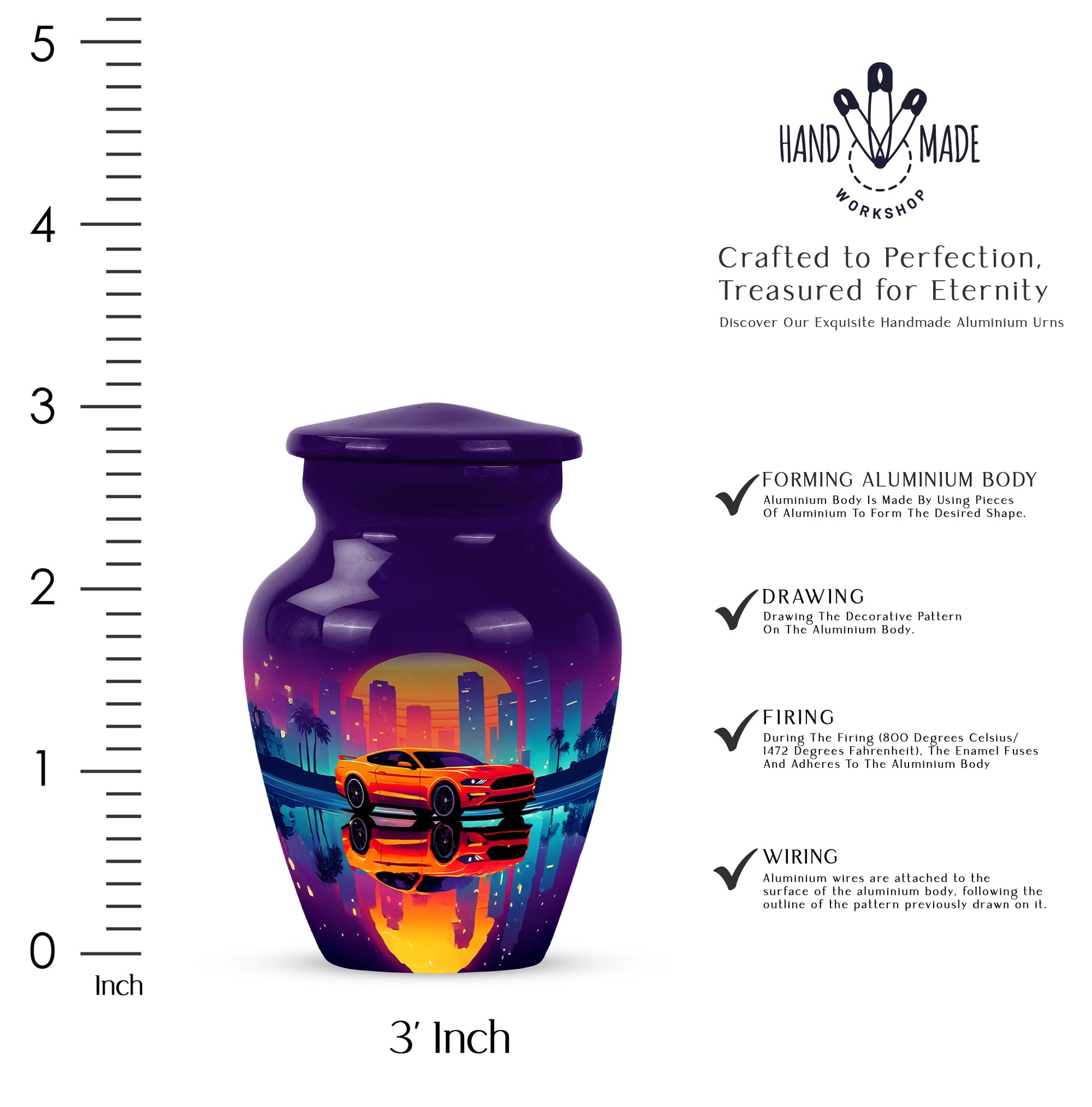 Royal Purple Car Cremation Urn close-up of engraving and surface detail - elegant classic car relief with fine detailing - mini keepsake memorial for portion of cremation ashes
