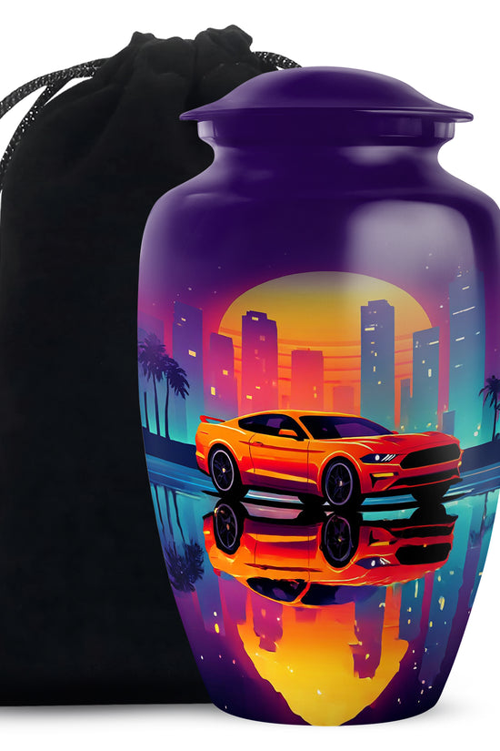 Royal Purple Car Cremation Urn angled view of lid and engraved motif - traditional car engraving with hand-polished finish - full-size 10 inch 200 cubic inch adult cremation urn