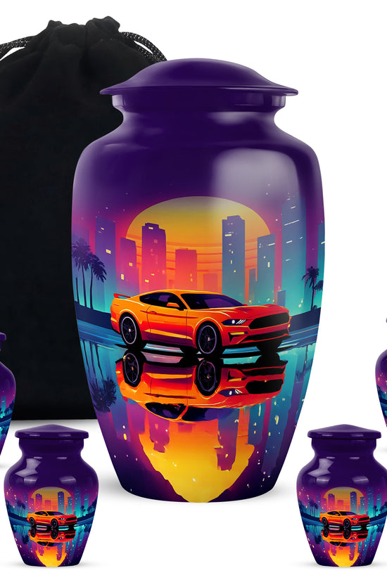 Plum Purple Car Cremation Urn top-down view of secure threaded lid - classic sculpted car pattern on smooth aluminum - memorial set with one large and four small urns