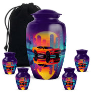 Plum Purple Car Cremation Urn top-down view of secure threaded lid - classic sculpted car pattern on smooth aluminum - memorial set with one large and four small urns