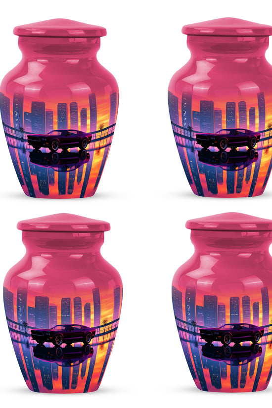 Pastel Pink Car Cremation Urn side profile showing urn shape - classic sculpted car pattern on smooth aluminum - 10 inch aluminum urn for cremated remains