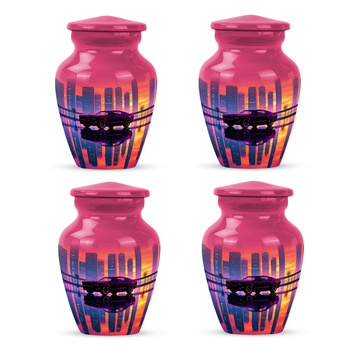 Pastel Pink Car Cremation Urn side profile showing urn shape - classic sculpted car pattern on smooth aluminum - 10 inch aluminum urn for cremated remains