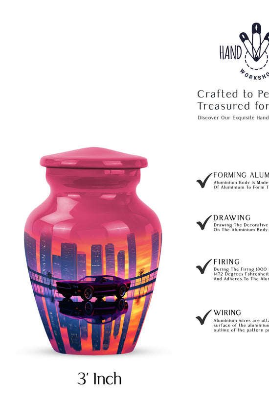 Peony Pink Car Cremation Urn close-up of engraving and surface detail - classic sculpted car pattern on smooth aluminum - mini keepsake memorial for portion of cremation ashes
