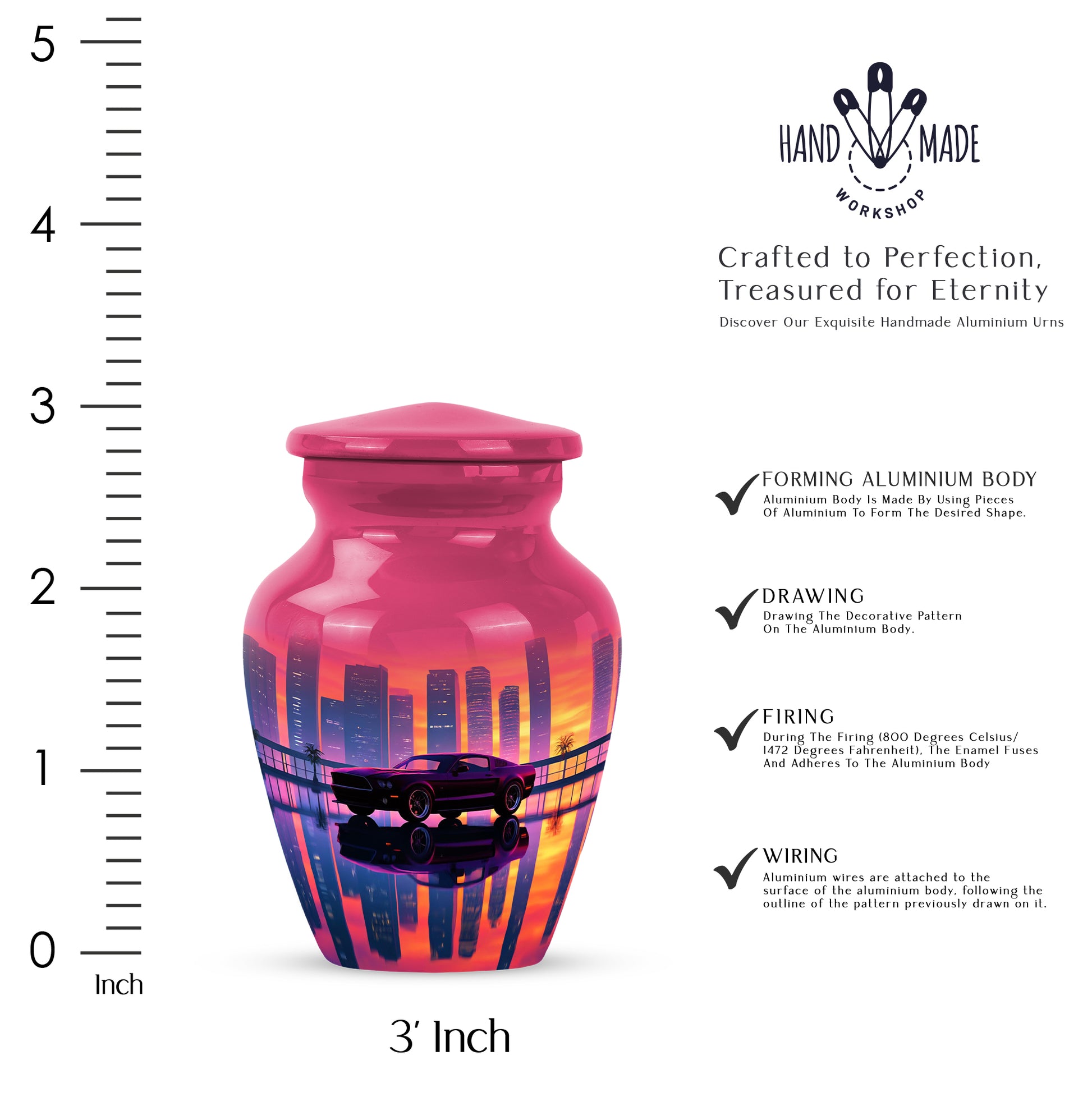 Peony Pink Car Cremation Urn close-up of engraving and surface detail - classic sculpted car pattern on smooth aluminum - mini keepsake memorial for portion of cremation ashes