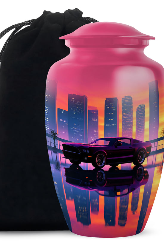 Salmon Pink Car Cremation Urn angled view of lid and engraved motif - elegant classic car relief with fine detailing - full-size 10 inch 200 cubic inch adult cremation urn