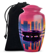 Salmon Pink Car Cremation Urn angled view of lid and engraved motif - elegant classic car relief with fine detailing - full-size 10 inch 200 cubic inch adult cremation urn
