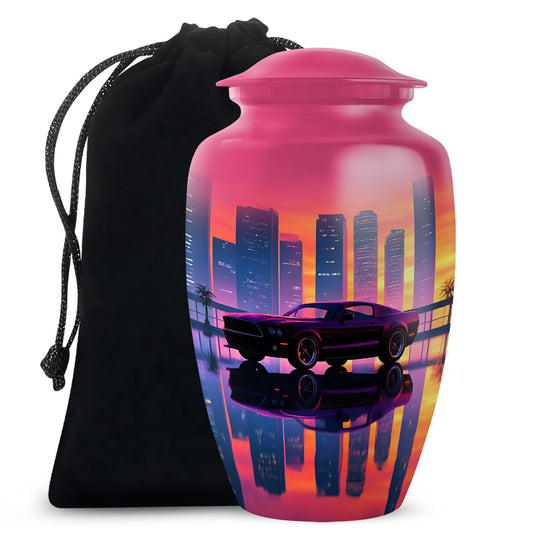 Salmon Pink Car Cremation Urn angled view of lid and engraved motif - elegant classic car relief with fine detailing - full-size 10 inch 200 cubic inch adult cremation urn